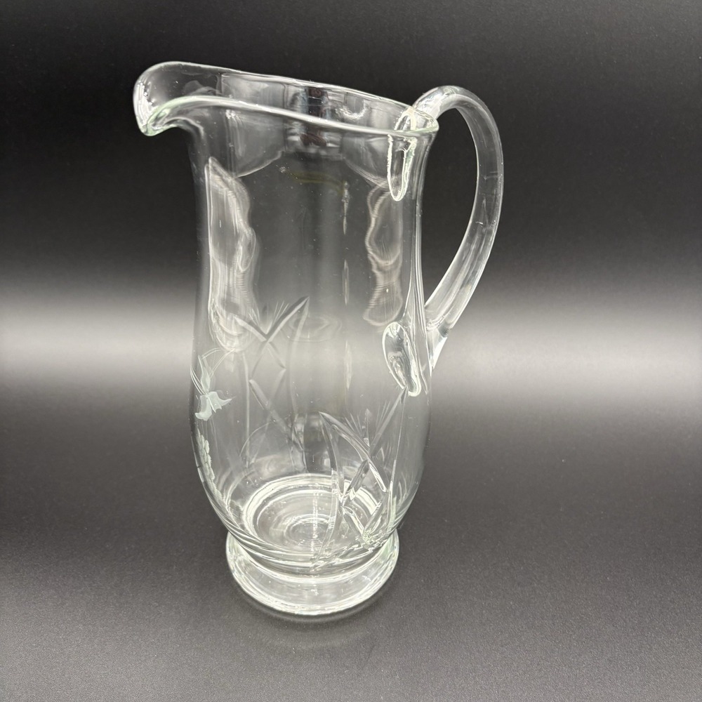 Vintage‎ Etched Cut Glass Pitcher Slender 9.5"